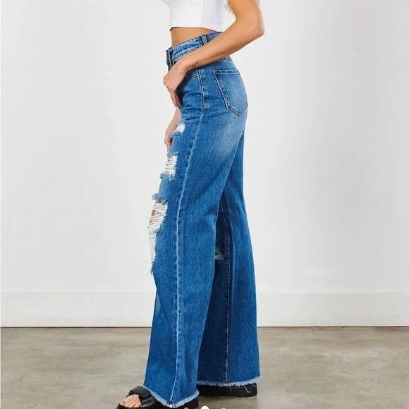 Vibrant M.I.U. High Rise Wide Leg Distressed Jeans Blue Juniors Sz 7 boho Grunge - Picture 16 of 16